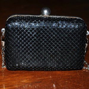Shimmering Black Mirrored Oblong Evening Purse With Silver Clasp & Silver Chain
